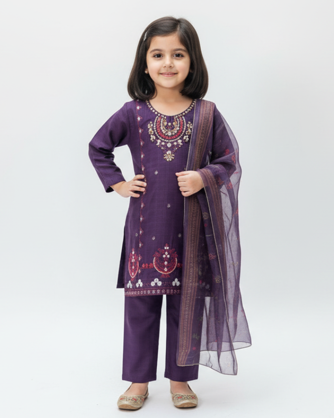 Young girl wearing a purple traditional outfit with a white background