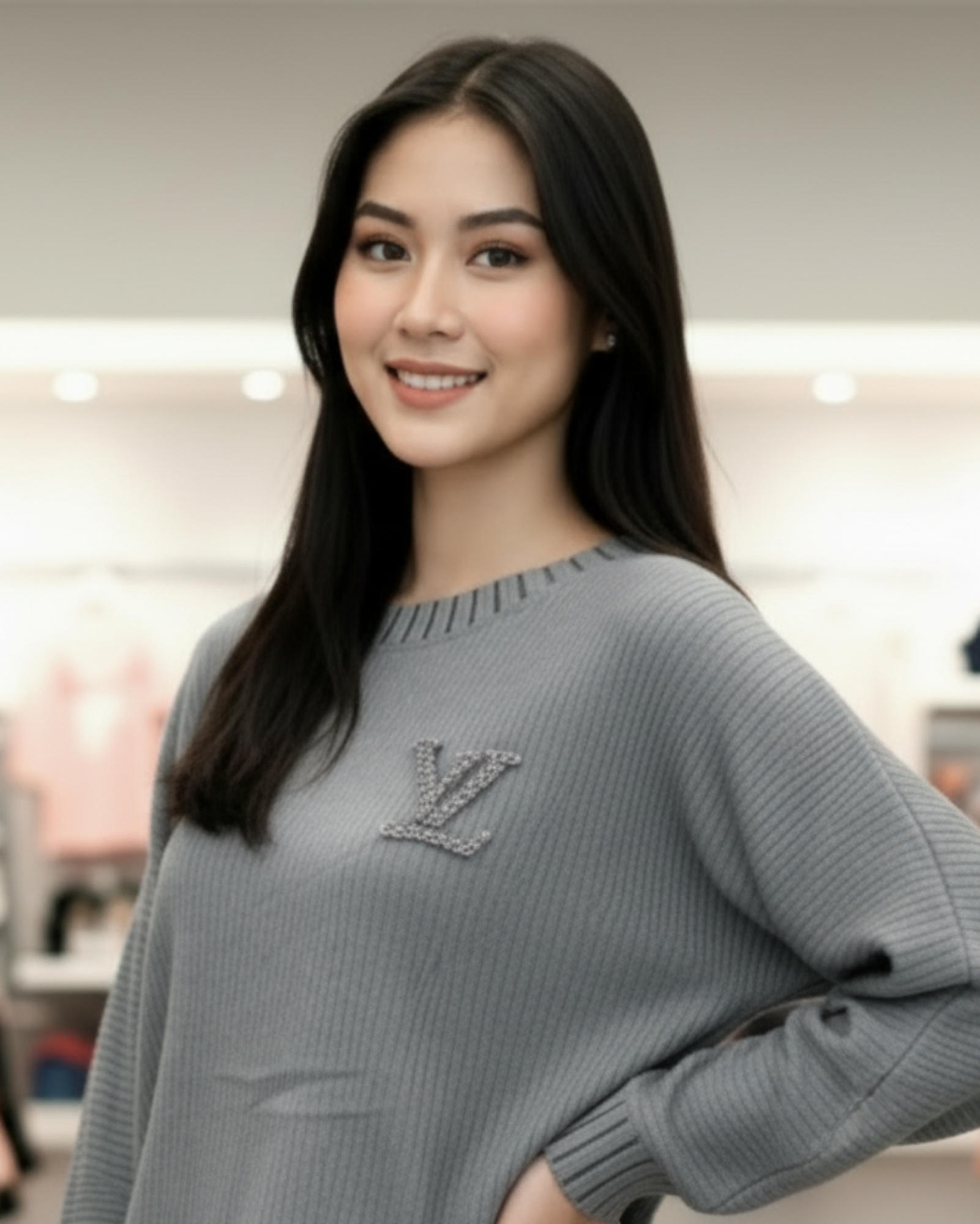 Woman wearing a gray long-sleeve top and pleated skirt in a clothing store.