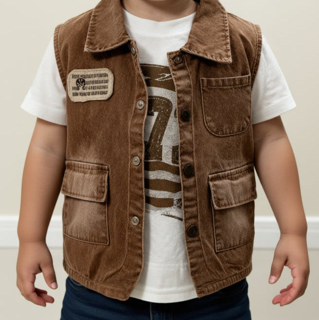 Child wearing a brown vest over a white shirt with a graphic design.