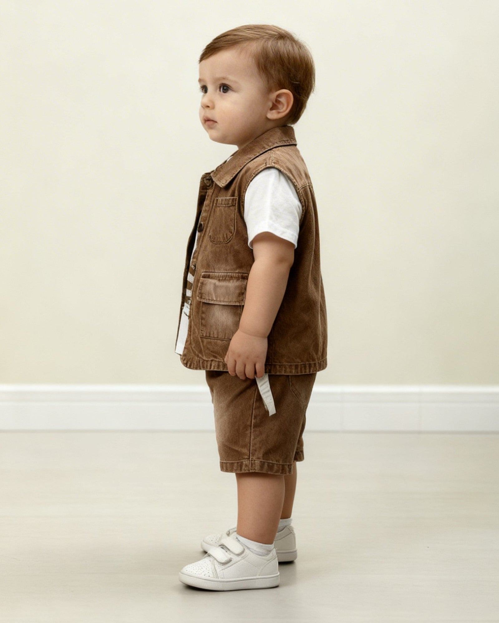 Child wearing a brown vest and shorts set on a plain background