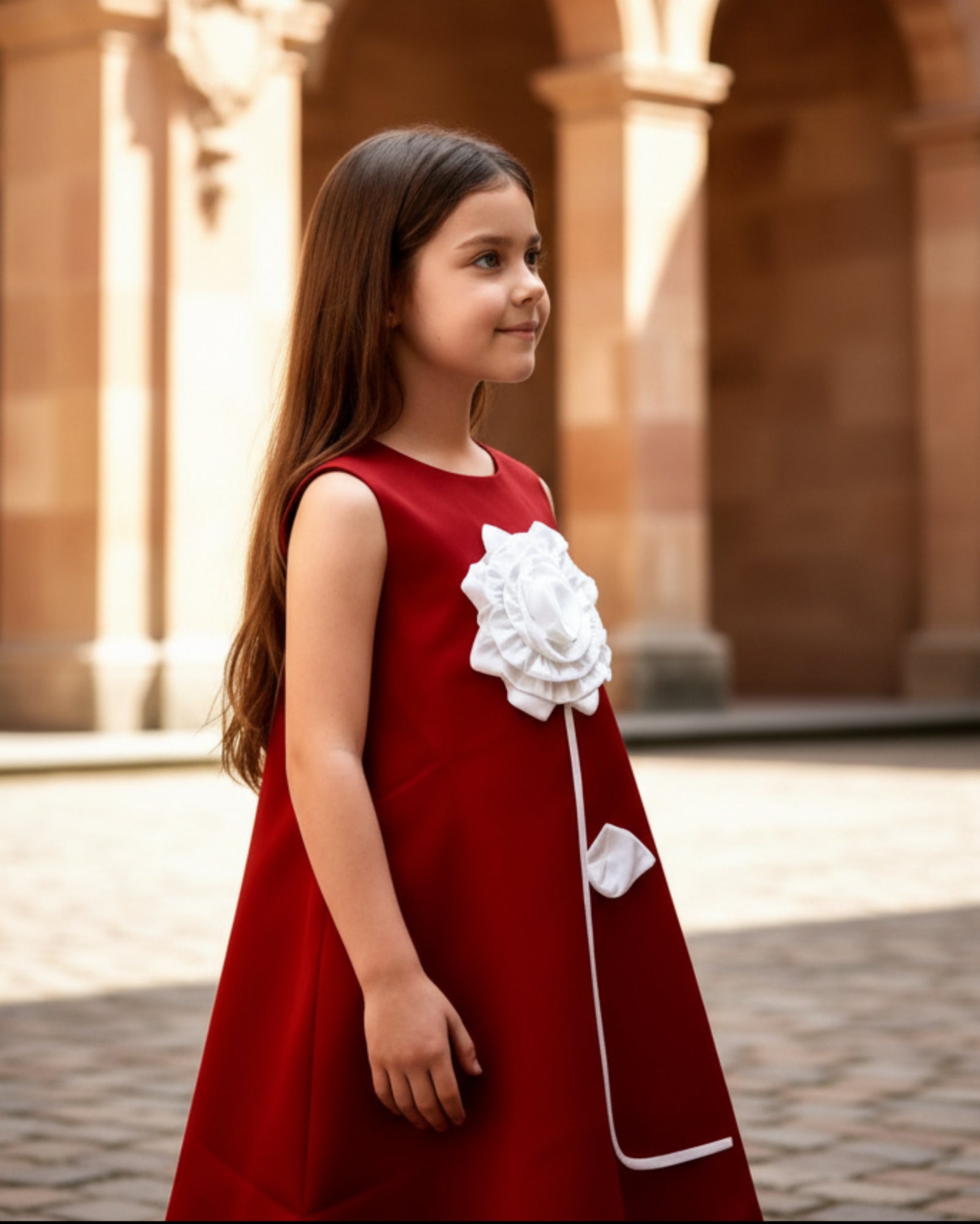 Young girl in a red dress with white floral details standing in an outdoor setting.
