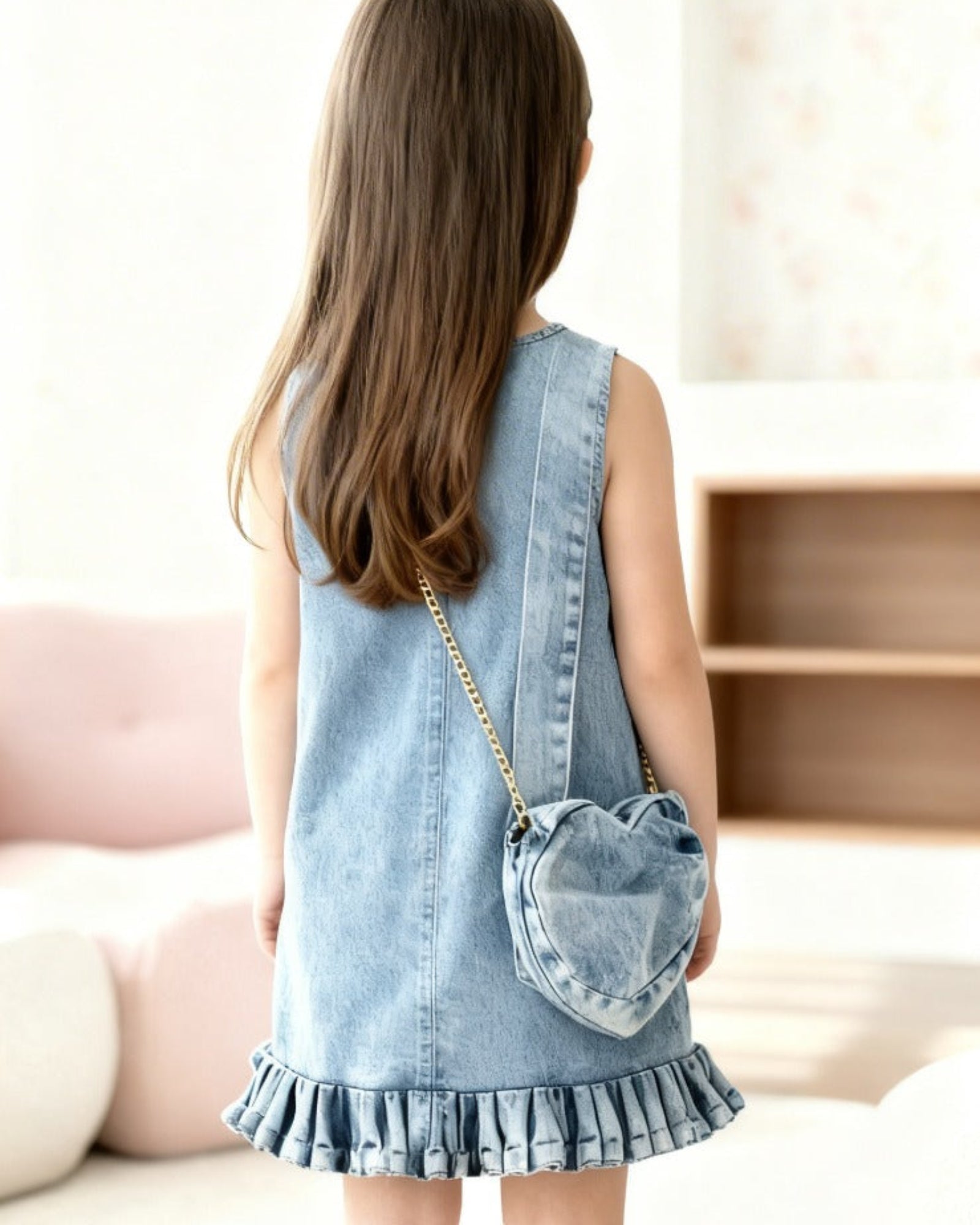 Young girl wearing a denim dress with a matching bag in a minimalistic room.