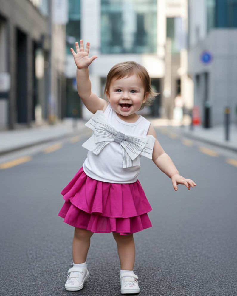 Child wearing a white top with ruffles and a pink skirt on a city street.