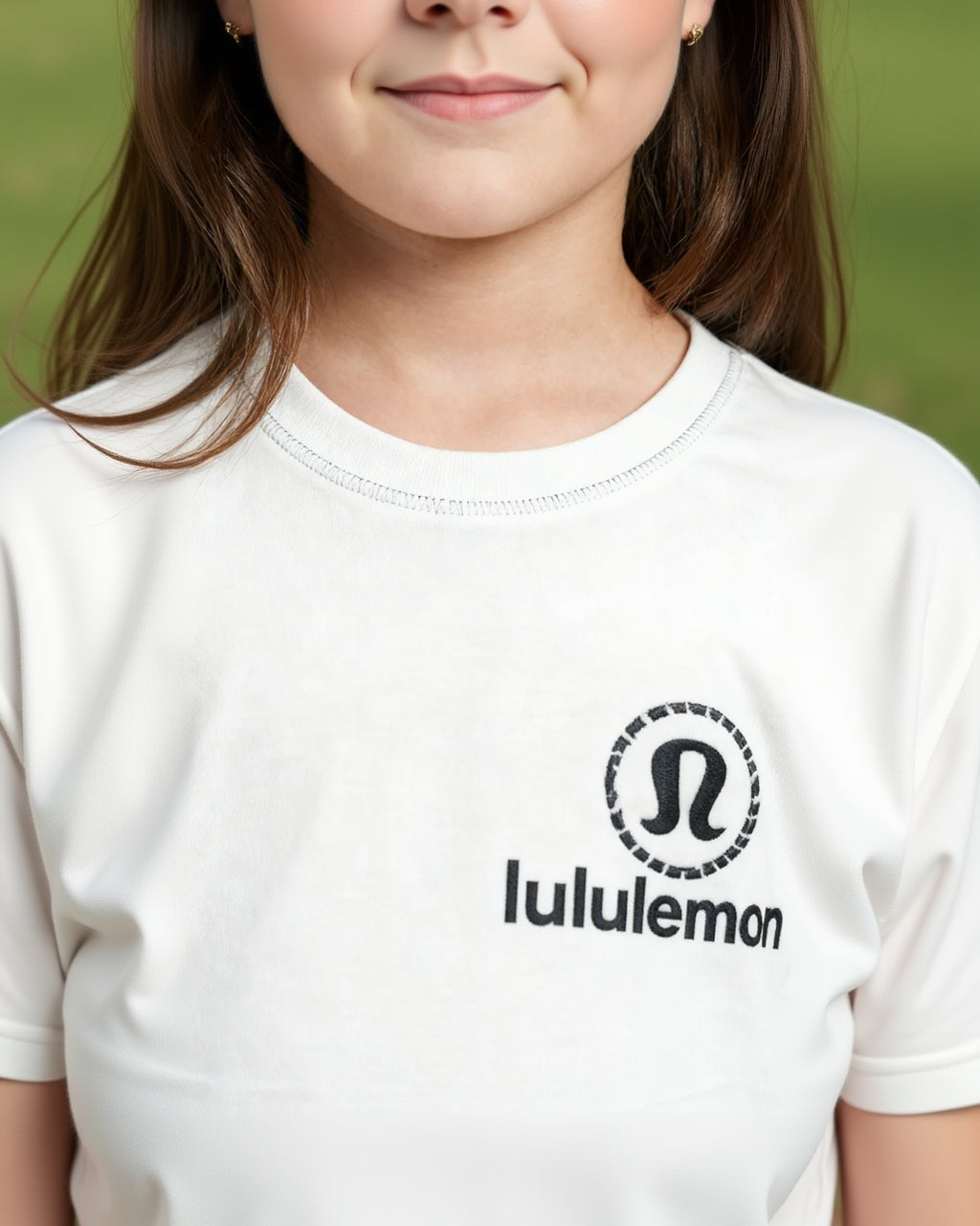 White Lululemon t-shirt with logo worn by a kid