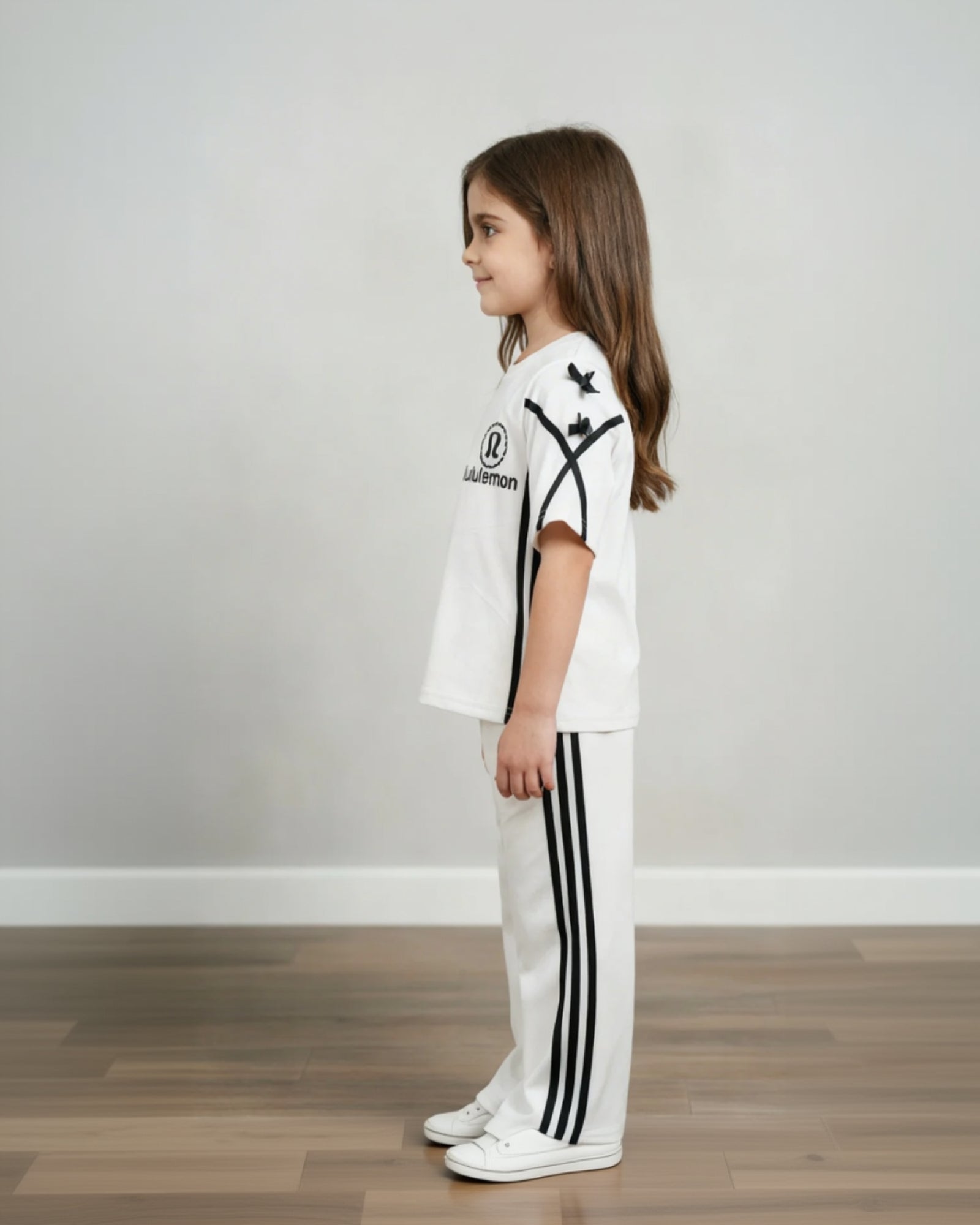 Child wearing a white t-shirt with black designs and white pants with black stripes on a plain background