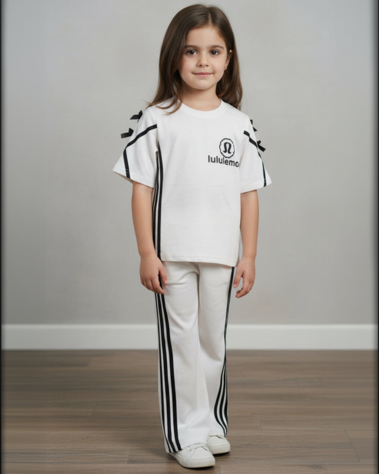 Young girl wearing a white outfit with black accents and a visible brand logo on a plain background