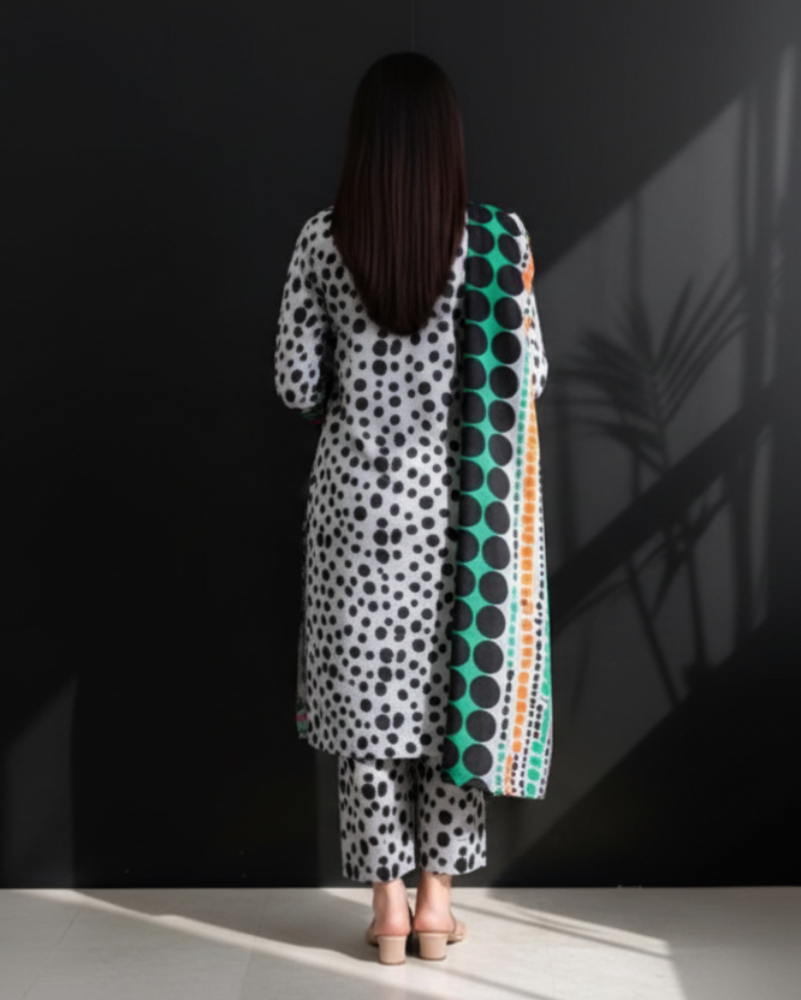Woman holding a colorful patterned fabric against a dark wall