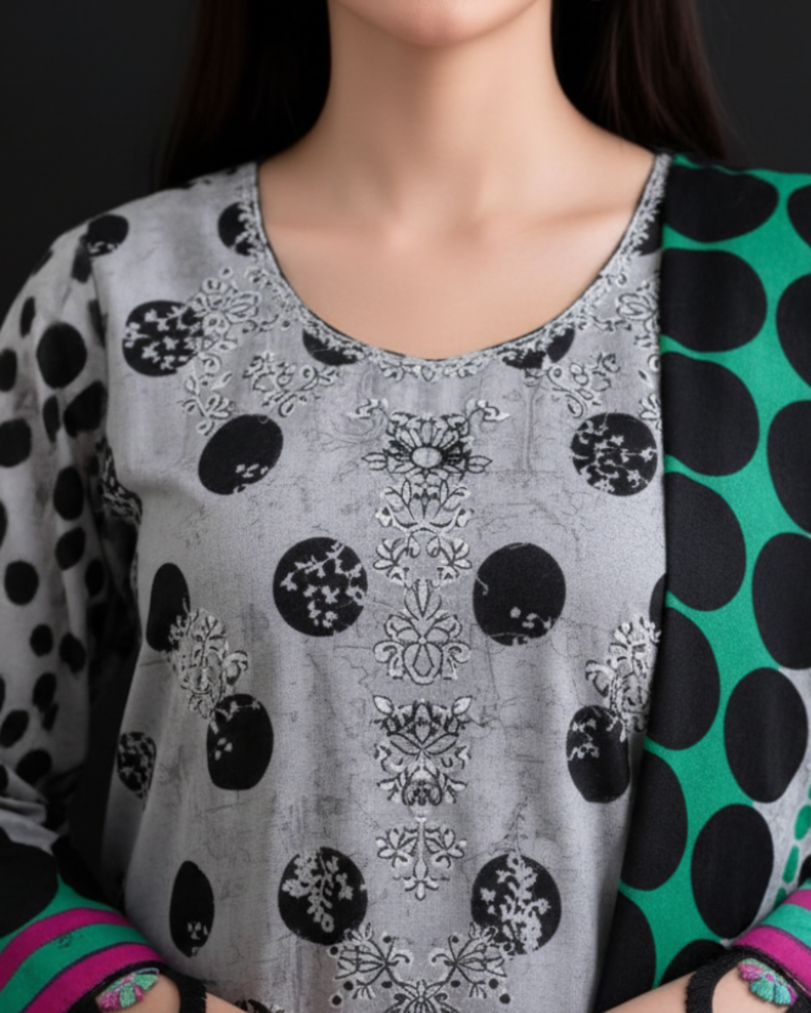 Person wearing a polka dot and patterned top with a black background