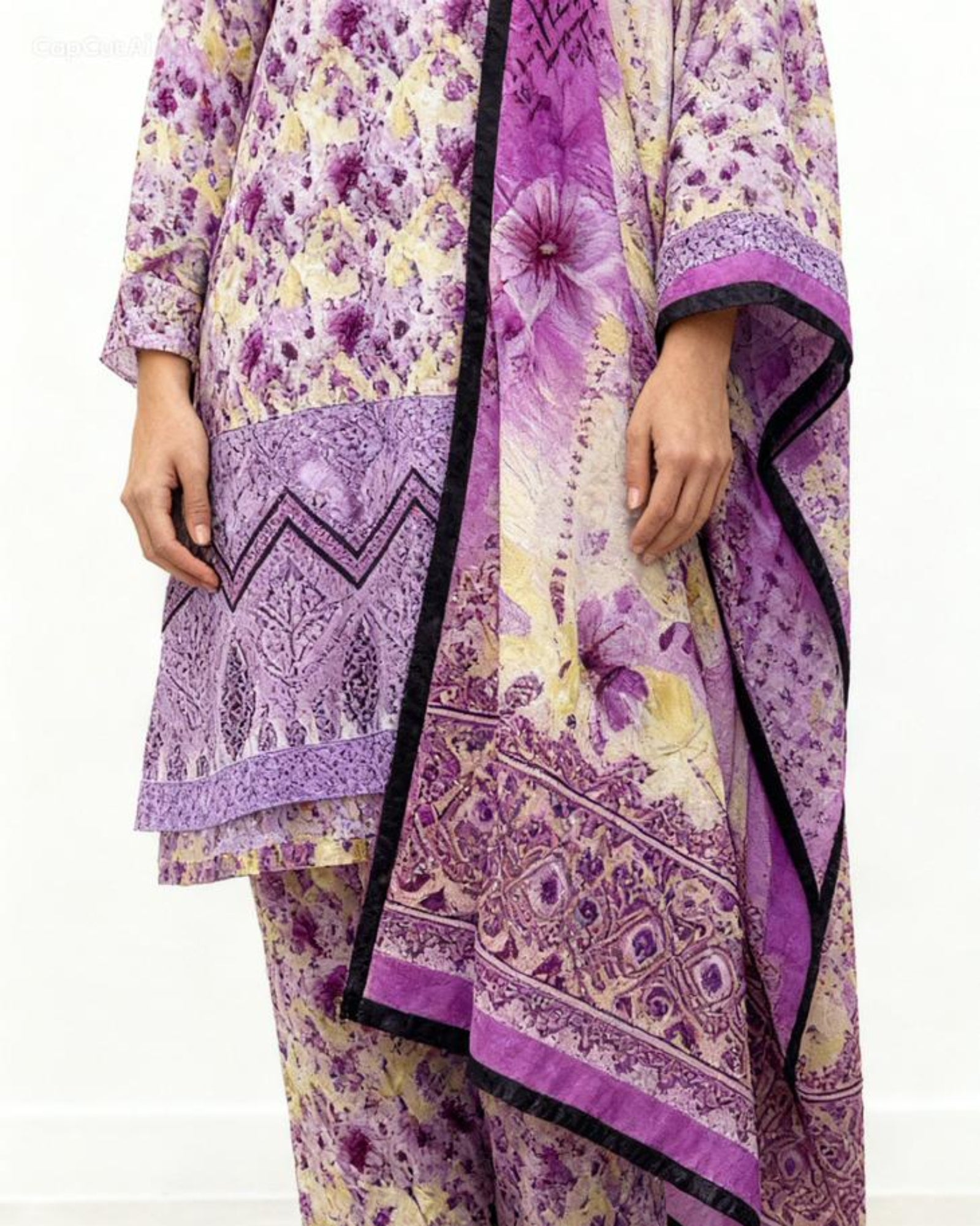 Purple and yellow patterned outfit with a matching dupatta on a white background