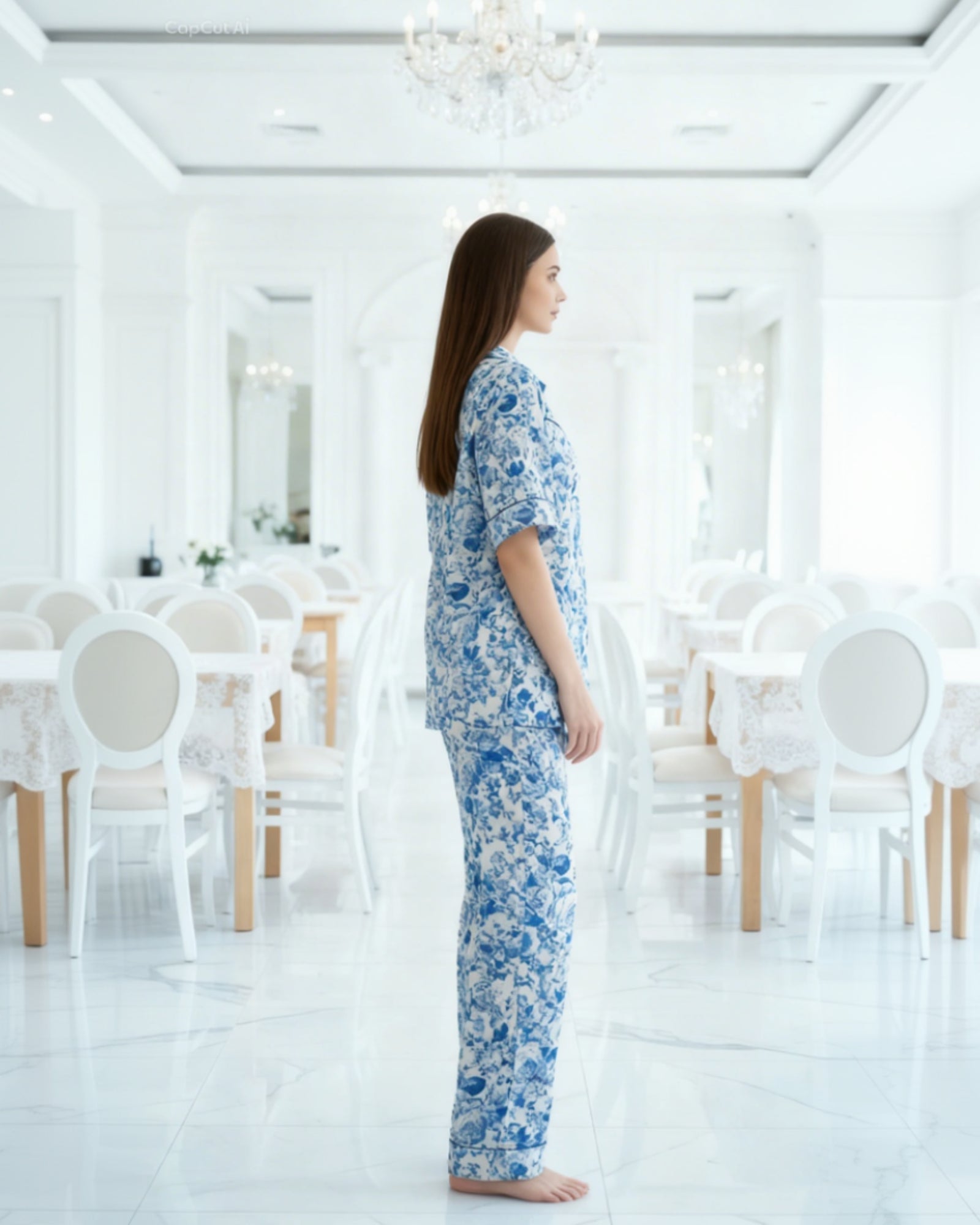 Woman wearing a blue floral pajama set in a white room with chairs and tables.