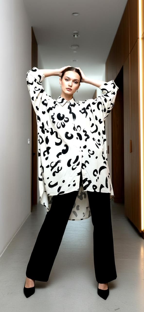A woman stands confidently in a hallway, wearing the Chic Contemporary Fit Top—an oversized white shirt with black abstract patterns—paired with black wide-leg pants and heels, her hands resting on her head.