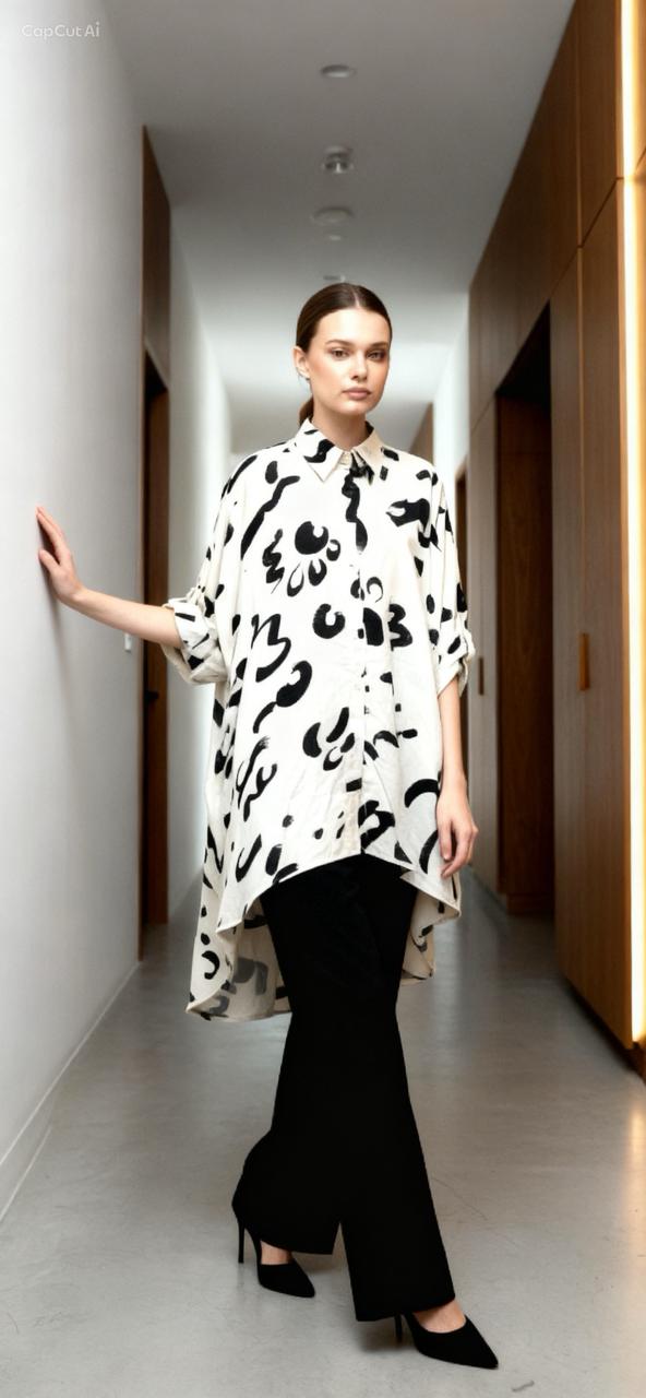 A woman stands in a modern hallway wearing the Chic Contemporary Fit Top—an effortlessly elegant loose white shirt with black abstract patterns—paired with black pants and heels as she rests one hand on the wall.