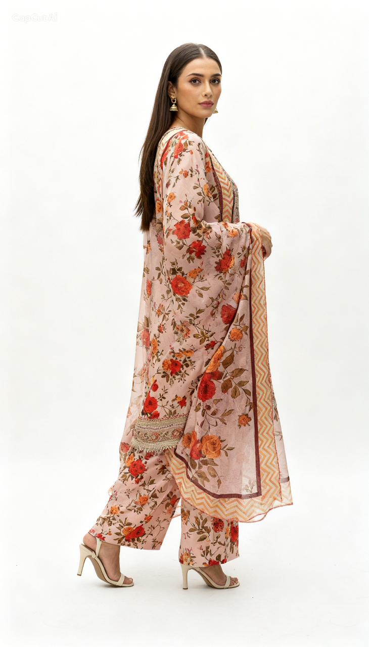 A woman models the Refined Embroidered Suit—matching floral print with delicate embroidery, long kurta, wide-legged pants, and dupatta—posing sideways against a plain white background, ideal for festive daytime events.