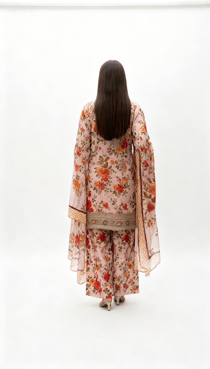 A woman with straight brown hair faces away, wearing the Refined Embroidered Suit—a floral print set with wide sleeves and matching pants. Delicate embroidery adds elegance, ideal for festive daytime events. She stands on a plain white background in beige heels.