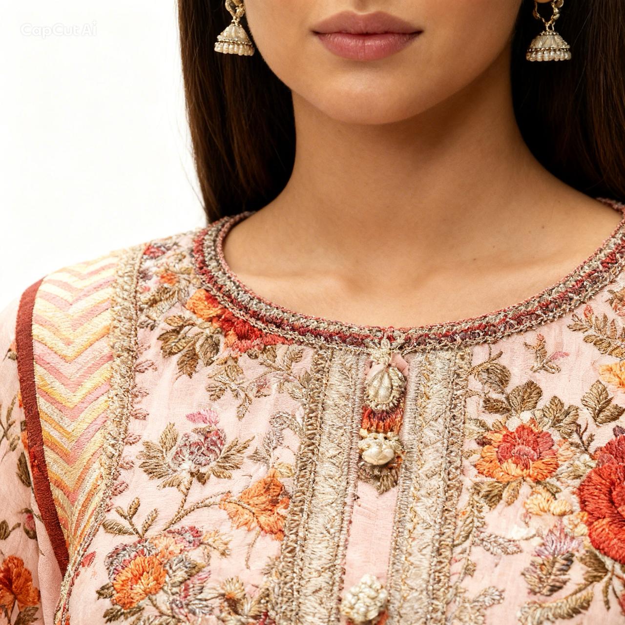 A woman models the Refined Embroidered Suit in pink, adorned with orange, brown, and gold floral embroidery—ideal for festive daytime occasions. She pairs it with statement earrings; her face is visible from the lips down.