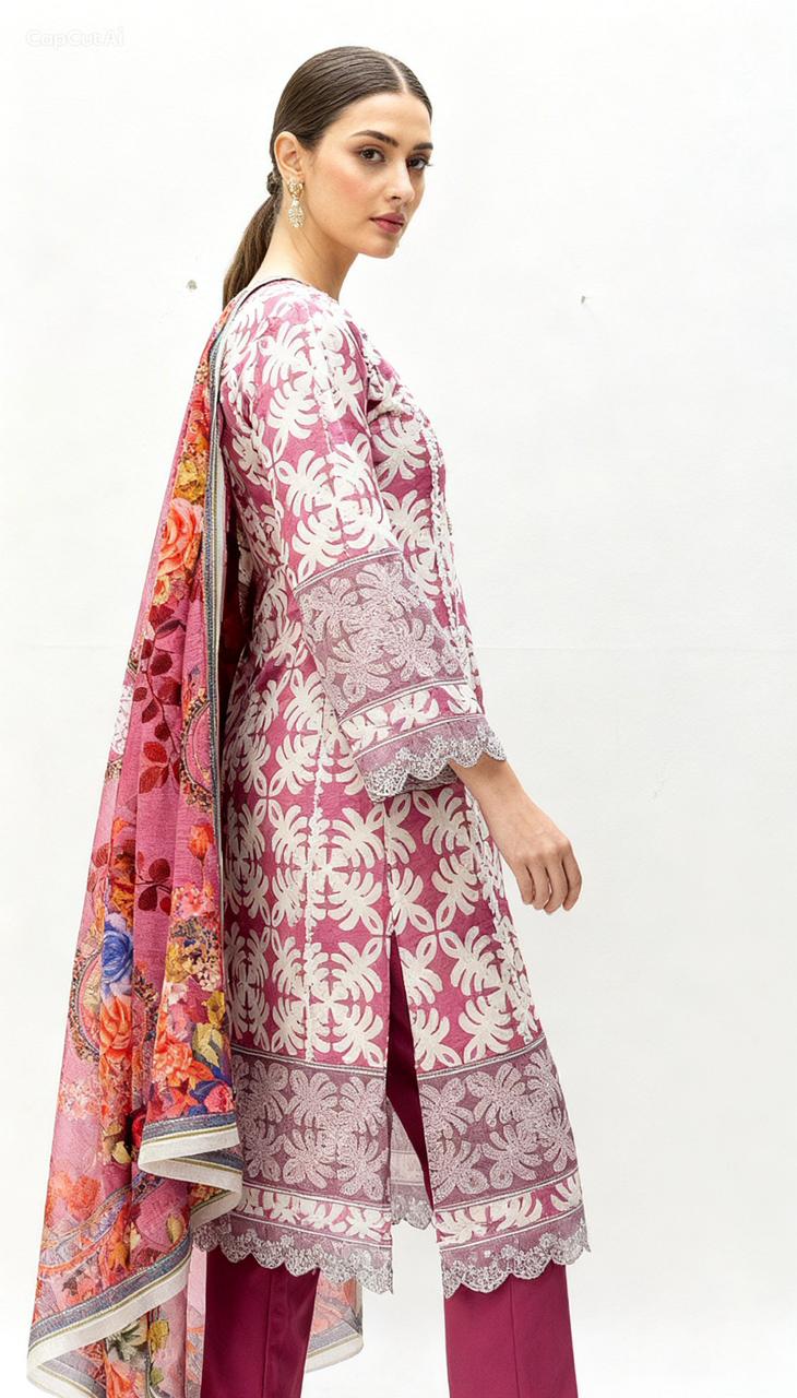 A woman models the Vibrant Patchwork Ensemble—mauve and white embroidered kurta, matching pants, and a floral dupatta—standing against a white background, looking over her shoulder. Perfect for daytime events.