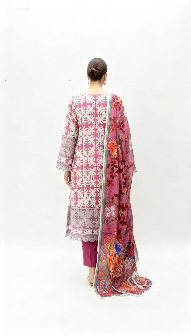 A woman, seen from the back, wears the Vibrant Patchwork Ensemble: a pink and white patterned kurta with matching pants and a floral dupatta with stylish details—ideal for daytime occasions—set against a plain white background.