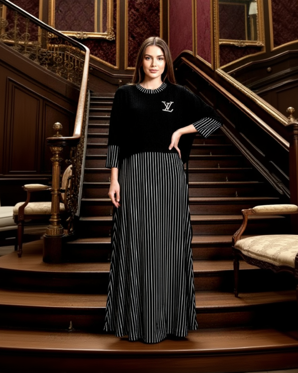 Woman in a black and white outfit standing on a staircase in an elegant interior setting