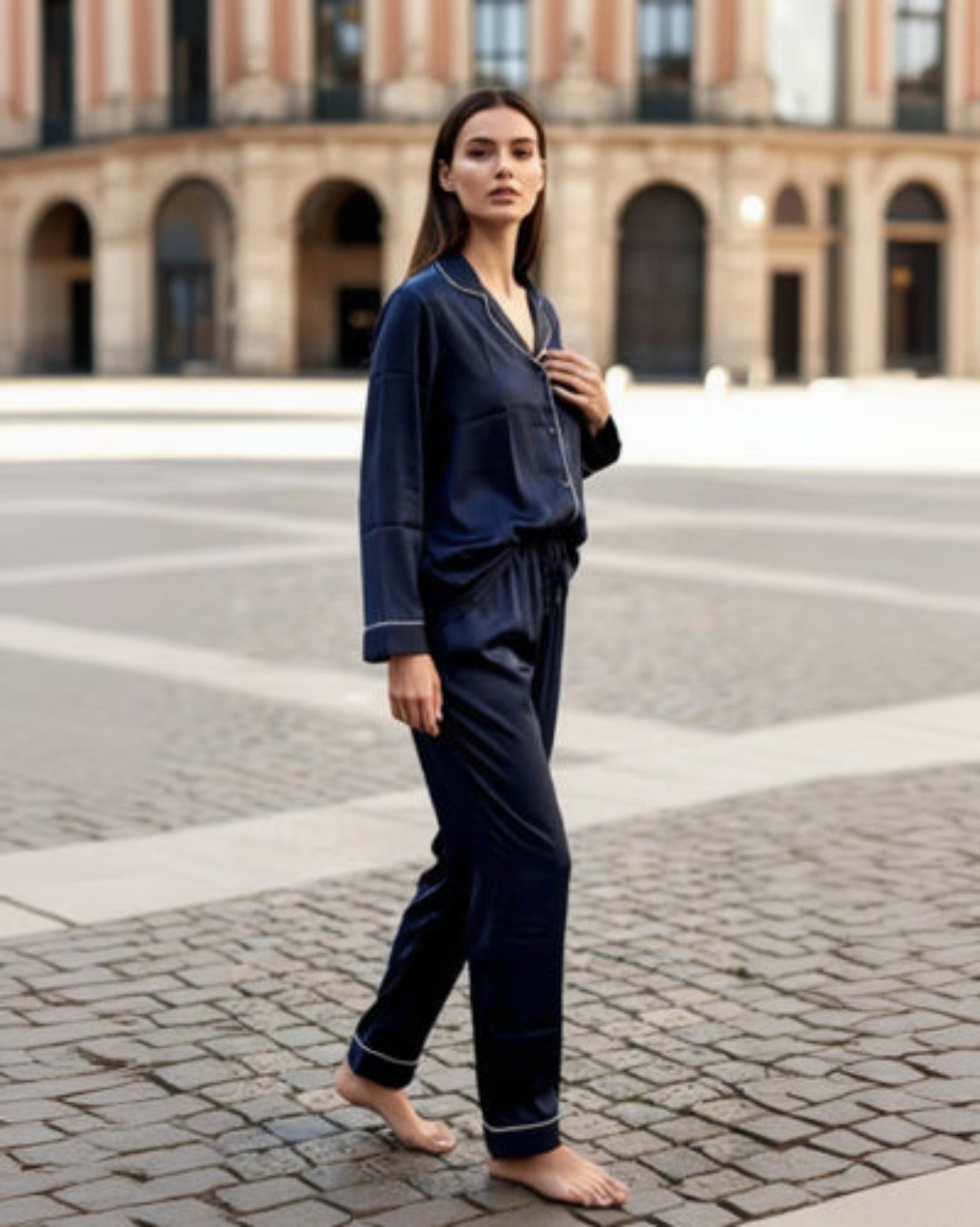 Woman wearing a navy blue pajama set in an urban setting