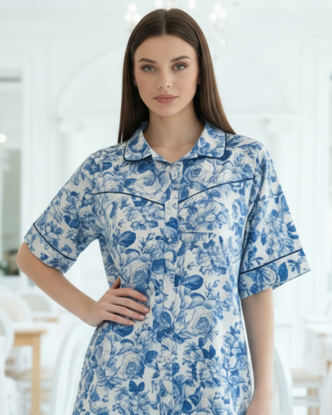 Woman wearing a blue floral pajama set in a bright, minimalistic room.