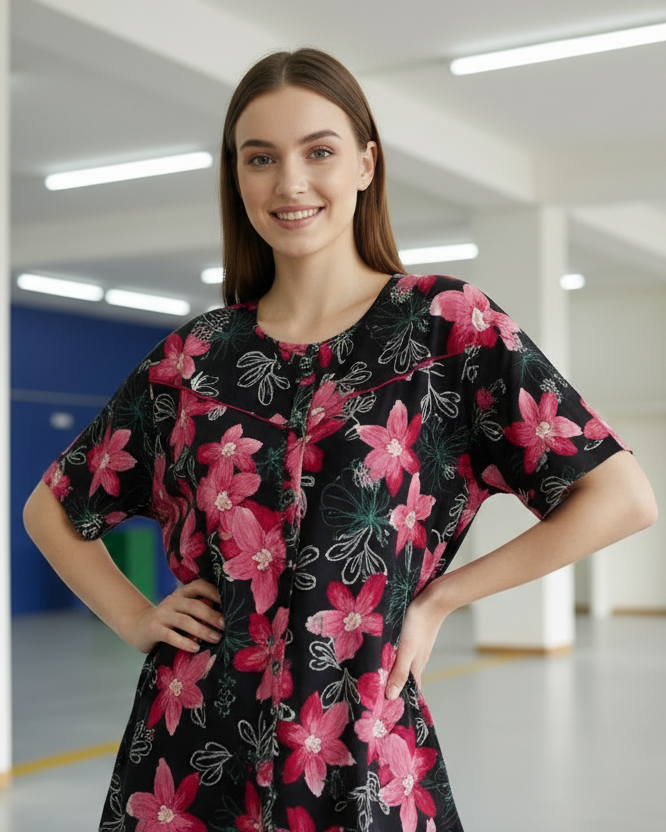Woman wearing a floral dress in an indoor setting