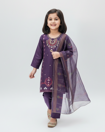 Young girl wearing a purple traditional outfit with a white background