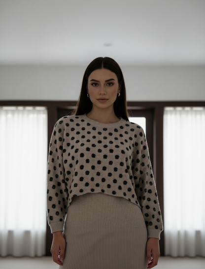 Woman wearing a polka dot sweater and beige skirt in a room with large windows.