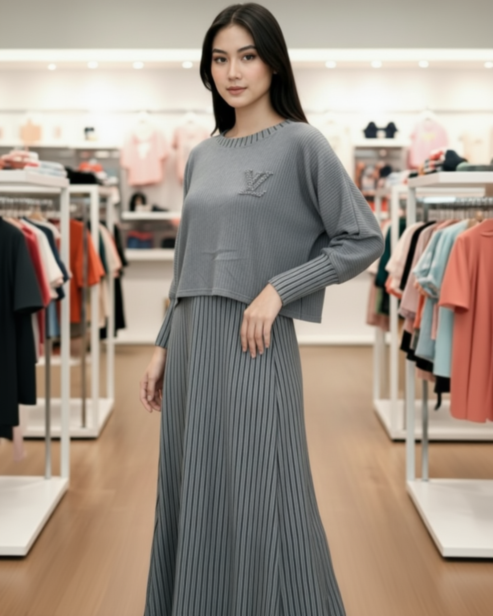 Woman wearing a gray sweater with a brand logo in a clothing store.