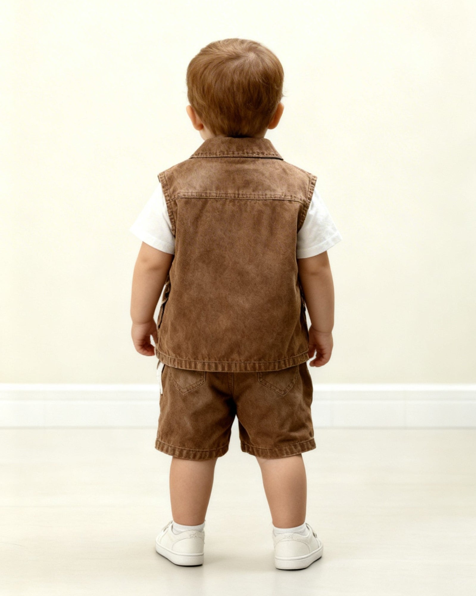 Child wearing a brown vest and shorts set on a plain background