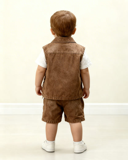 Child wearing a brown vest and shorts set on a plain background