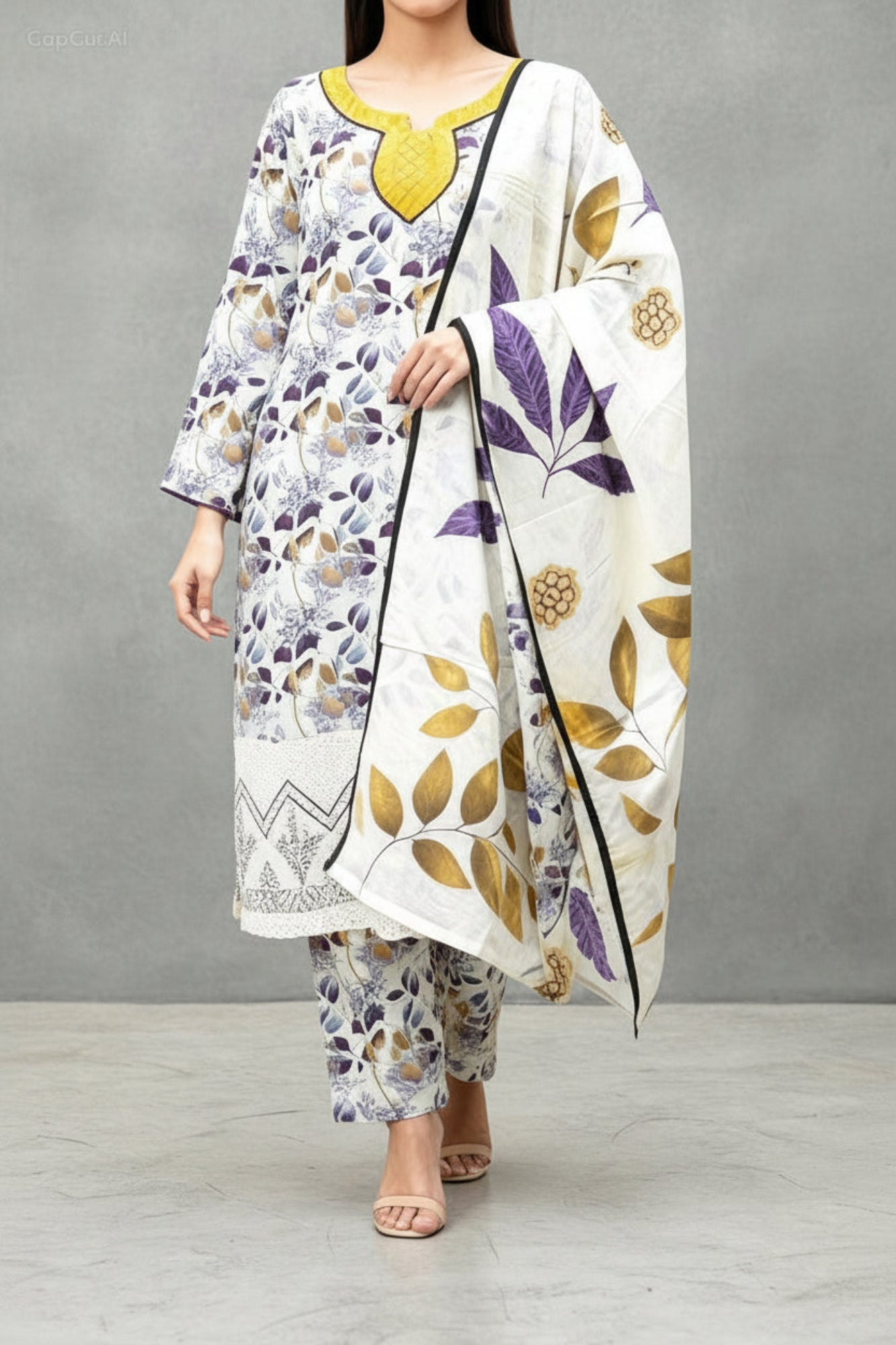 Woman wearing a floral outfit with a white drape on a light gray background