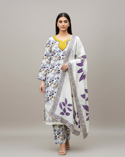 Woman wearing a floral outfit with a white background