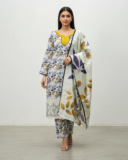 Woman wearing a floral outfit with a white background