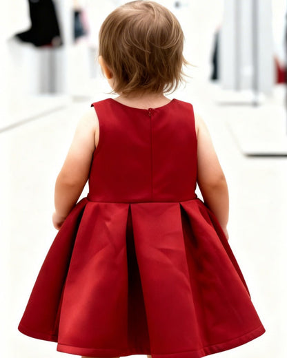 Child wearing a red dress standing in a white room with mirrors.