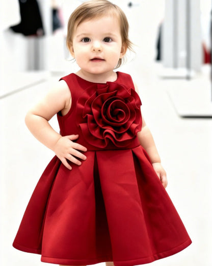 Child wearing a red dress with a large flower detail in a white room.