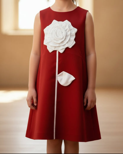 Red dress with a large white flower applique on a blurred background
