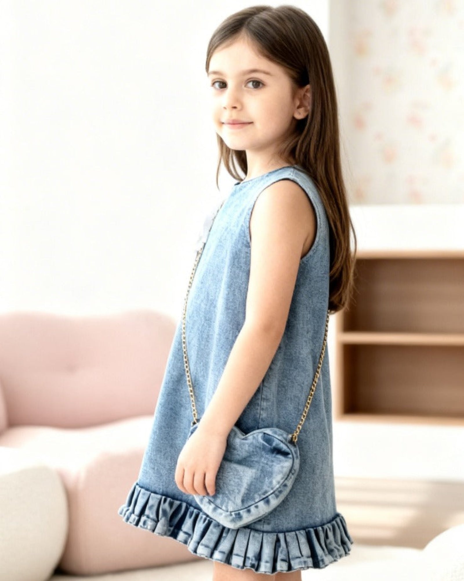Young girl in a denim dress standing in a room with a white background