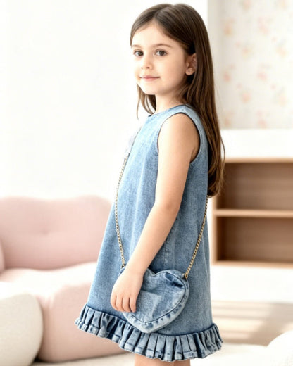 Young girl in a denim dress standing in a room with a white background