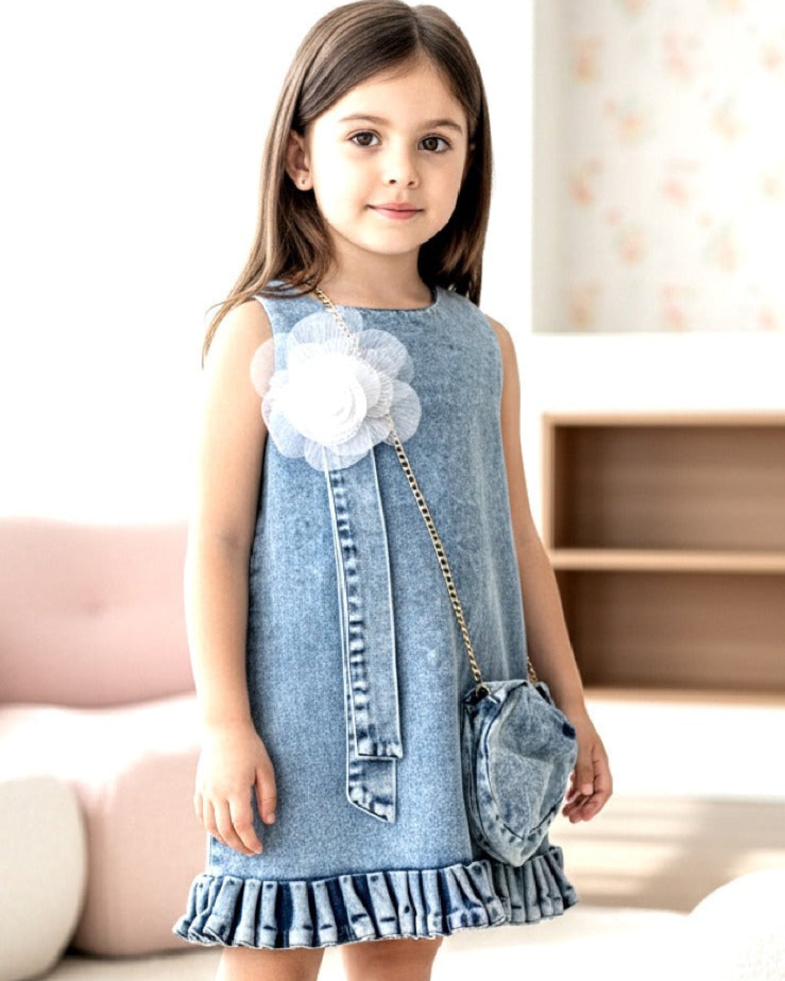 Young girl wearing a blue denim flower dress for kids fashion by AzGalleria
