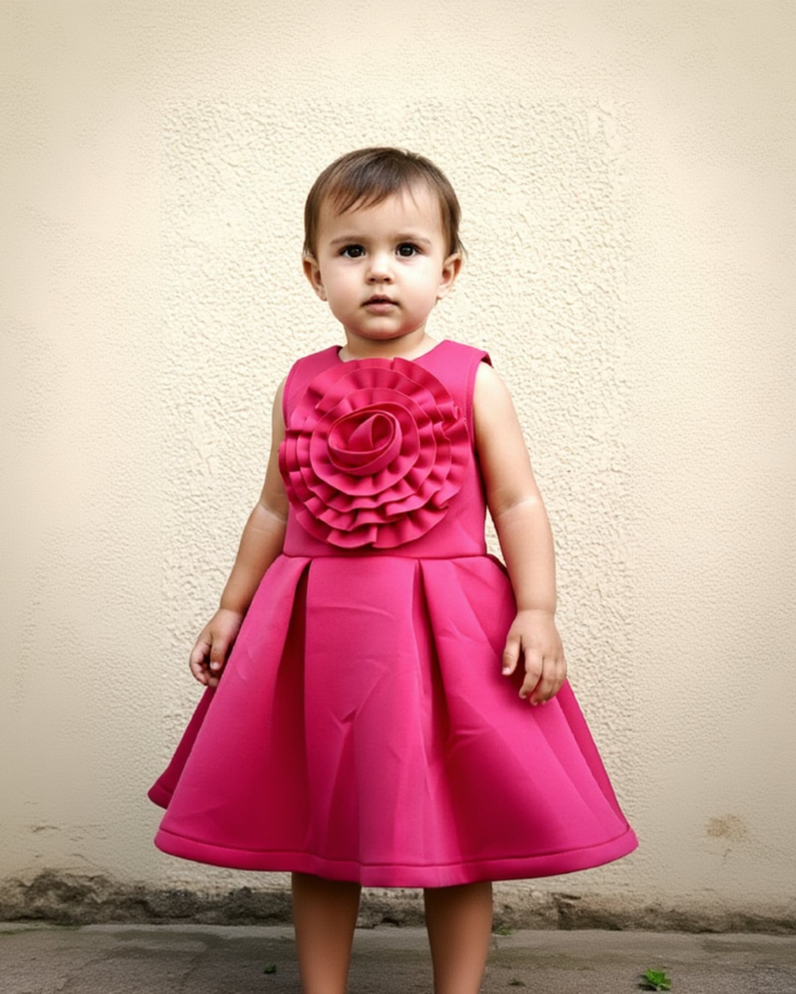 Child wearing a bright pink dress with a large floral design on a plain background
