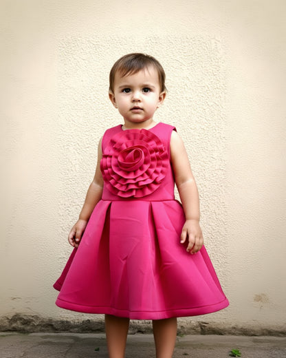 Child wearing a bright pink dress with a large floral design on a plain background
