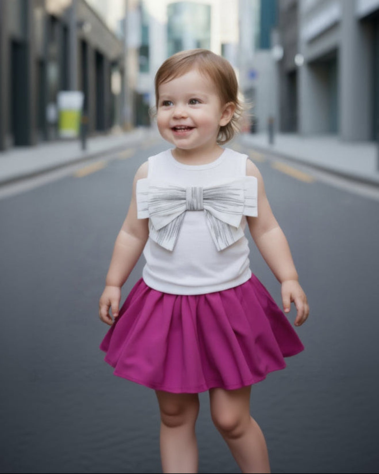 Toddler girl wearing pink skirt outfit with bow top
