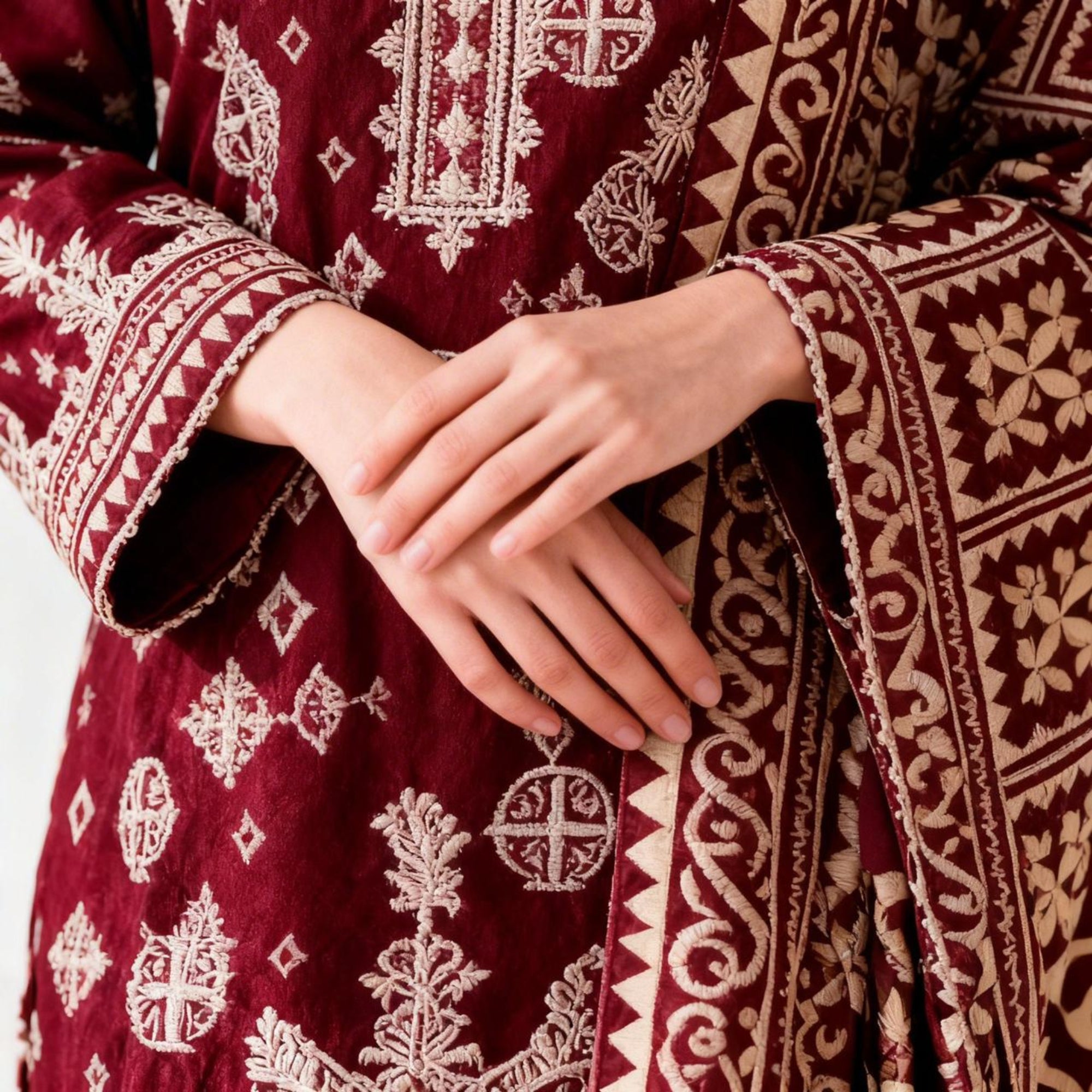 Close-up of a hand resting on a maroon fabric with intricate white patterns
