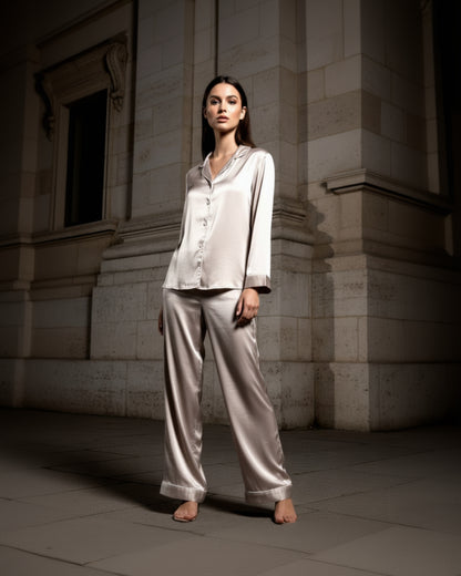 Elegant women's beige satin night dress set with relaxed top and wide-leg pants, comfortable luxury sleepwear by AzGalleria.